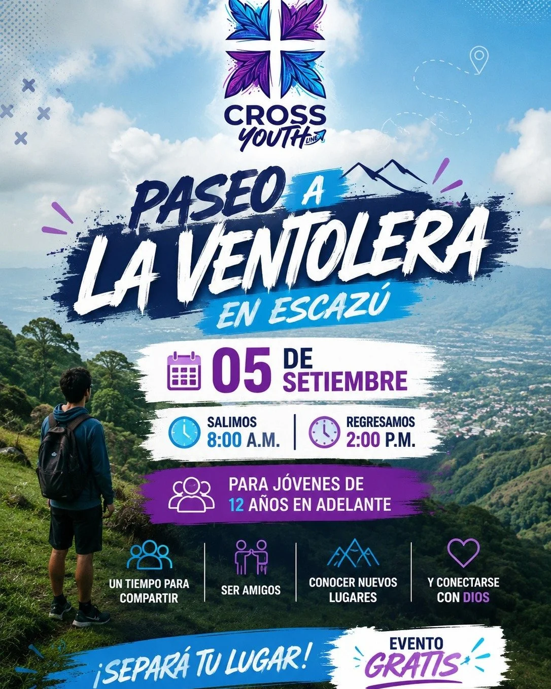 🌄✨ &iexcl;Nos vamos a La Ventolera! ✨🌄

Cross Youth te invita a vivir un d&iacute;a diferente en Escaz&uacute;: naturaleza, amistad, aventura y un tiempo especial para acercarnos m&aacute;s a Dios. 🙌💙

📅 05 de setiembre
🕗 Salimos: 8:00 a.m.
🕑 