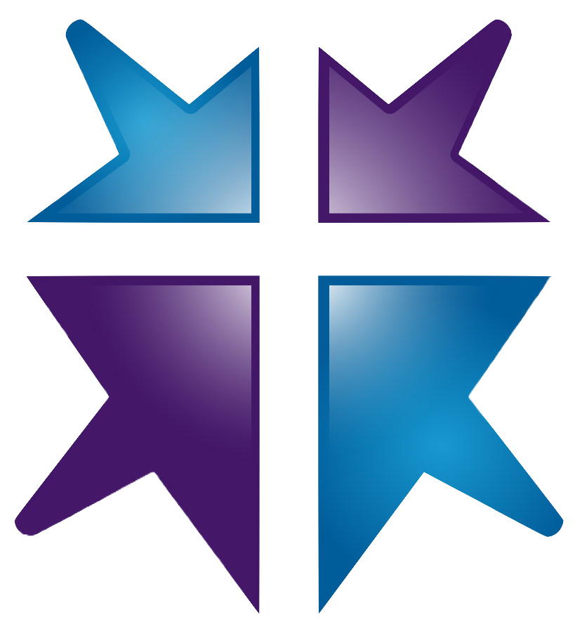 Four stylized stars arranged in a square, each with a gradient color: blue, purple, and violet.