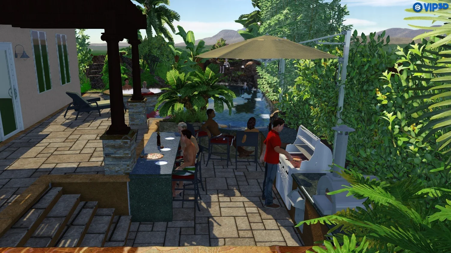Concept remove everything from both sides of the property and wipe the backyard clean. The design is for a full makeover to include a tropical personal resort playground with sunken kitchen, swim up bar, slide and waterfalls, upgraded decking and ne