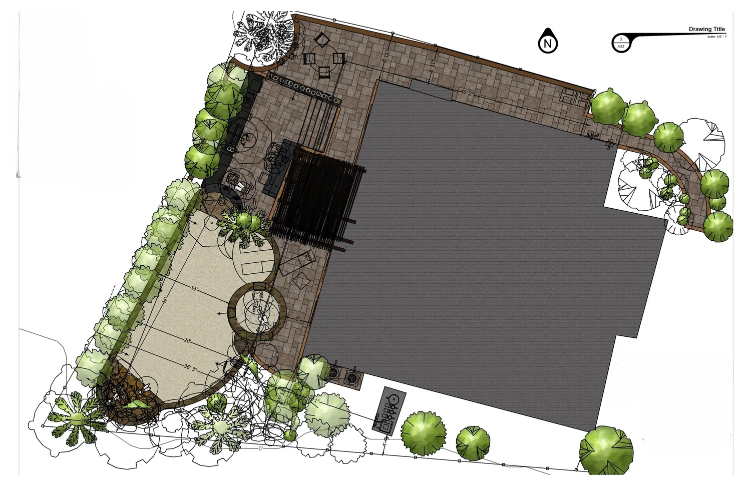 Our plan large tropical pool and spa, slide and cave with waterfall, sunning ledge and swim-up bar with a sunken kitchen. New retaining walls to expand the space and provide additional storage