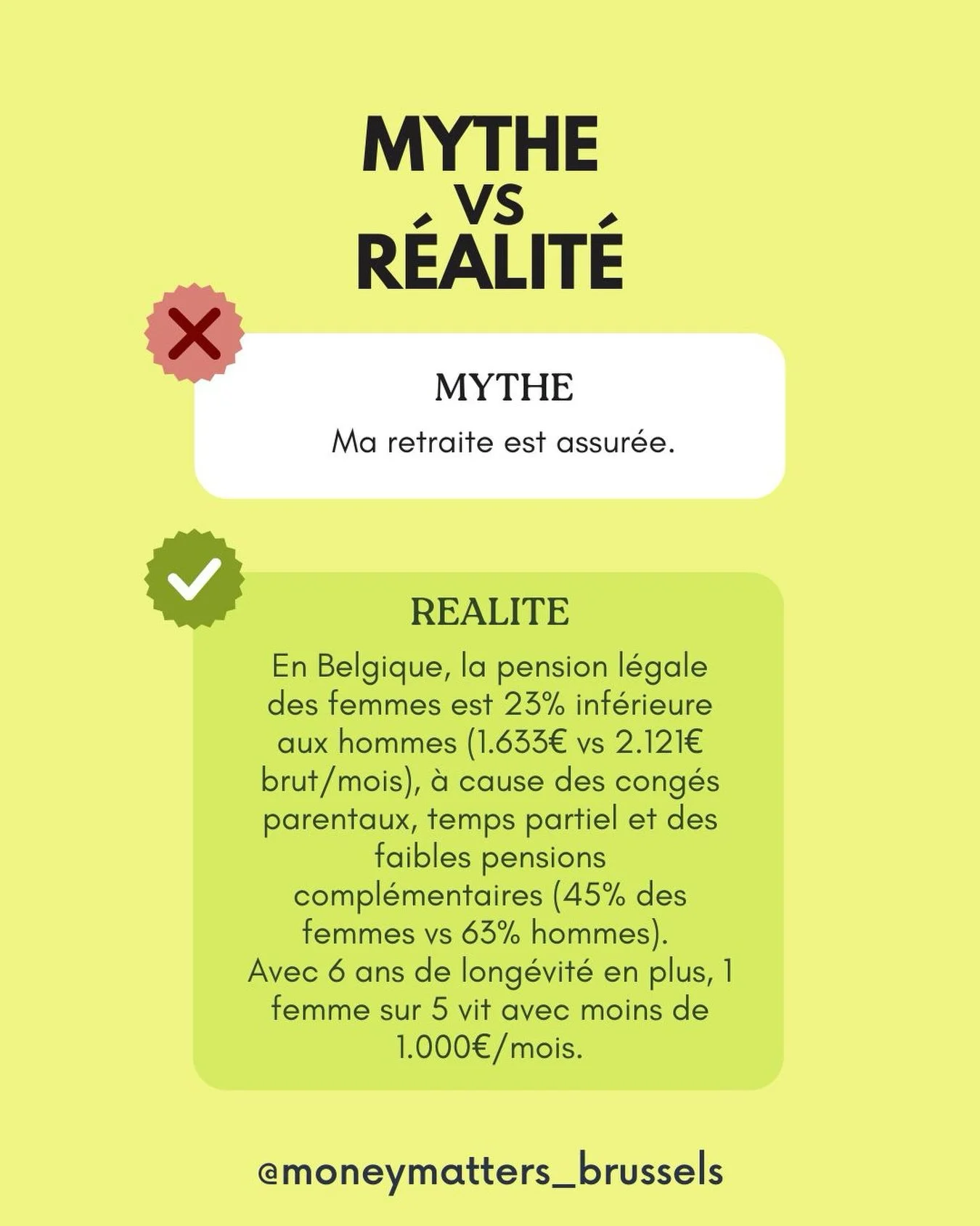 Ma retraite, c&rsquo;est r&eacute;gl&eacute; ? 

C&rsquo;est ce qu&rsquo;on peut penser mais souvent la r&eacute;alit&eacute; est tout autre.. Cong&eacute;s, temps partiel,.. ca fait qu&rsquo;on cotise moins. Sachant que les femmes ont un plus grande