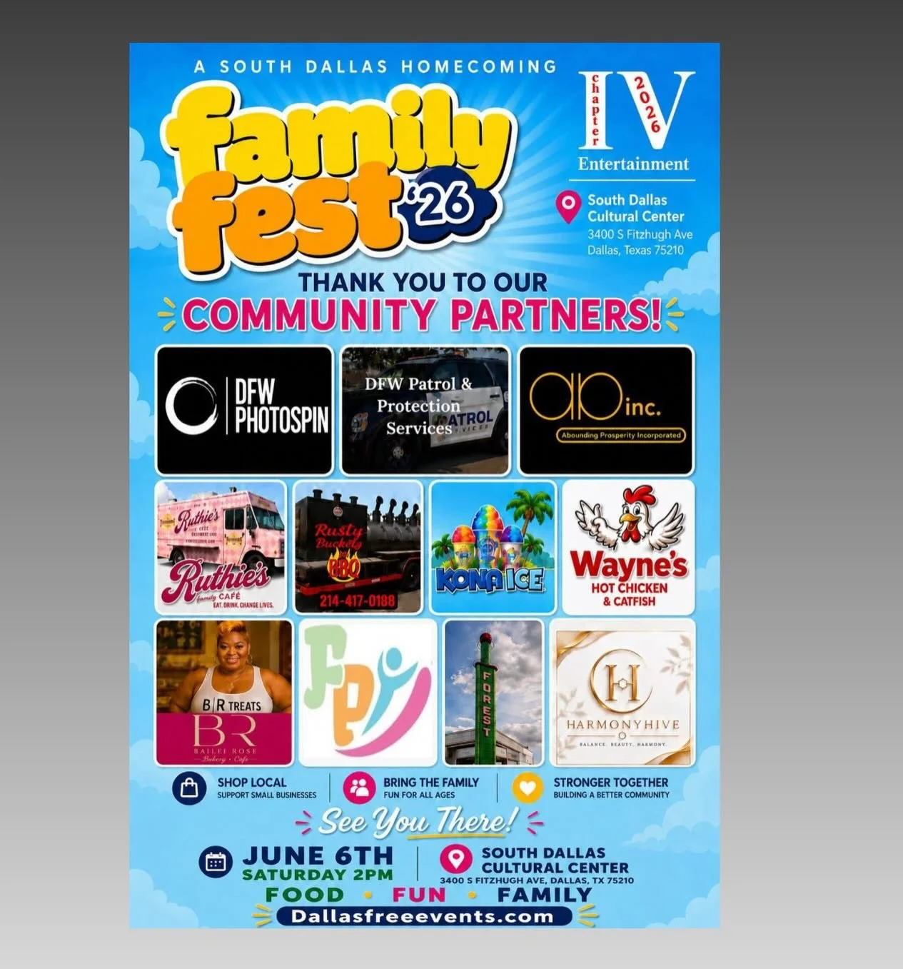 TODAY!! Catch us at Family Fest &lsquo;26. There will be food, music, kids area, and more!! And it&rsquo;s free!
June 6th
2pm-8pm
South Dallas Cultural Center
