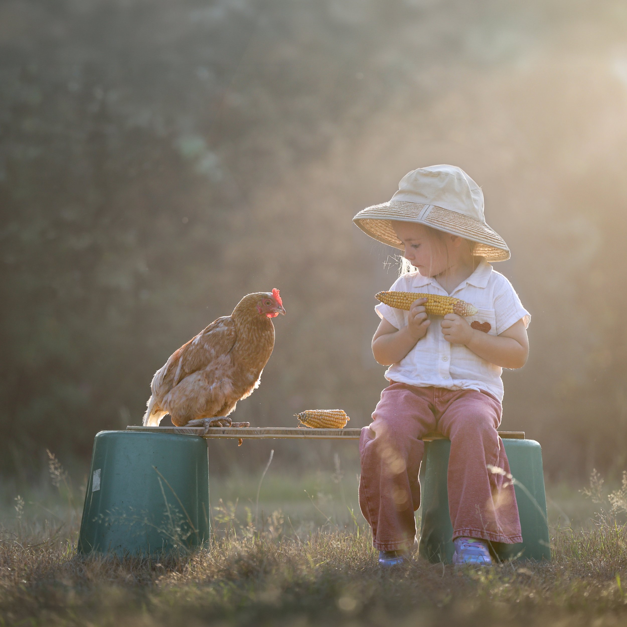 kinderfotografie-kind-deelt-kolf-met-kip-op-bankje.jpg