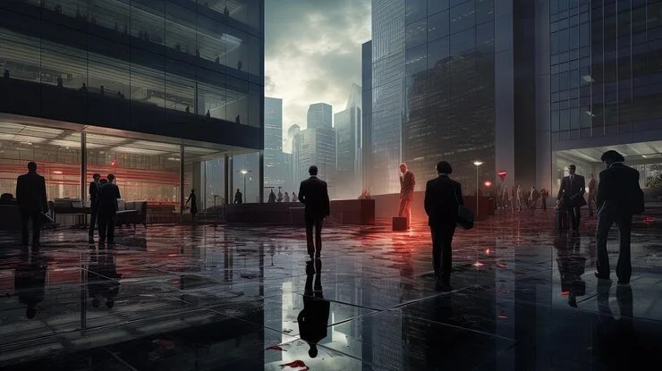 Silhouetted people in a modern city plaza at dusk, with wet reflective pavement and tall glass buildings around.