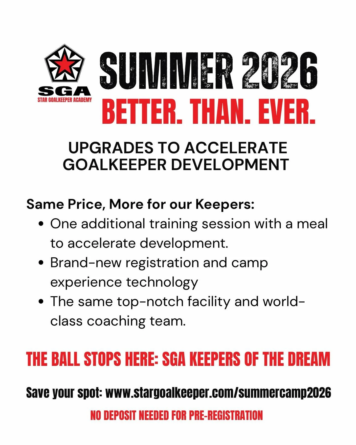 We are rolling out our upgrades to your SGA Summer Camp 2026 experience in the next week! But first, 1️⃣ Pre-Register to save your spot! 2️⃣ Sign-Up for our Winter Clinics to get yourself ready to go! WHO IS READY?! #goalkeepercamp #goalkeepertrainin
