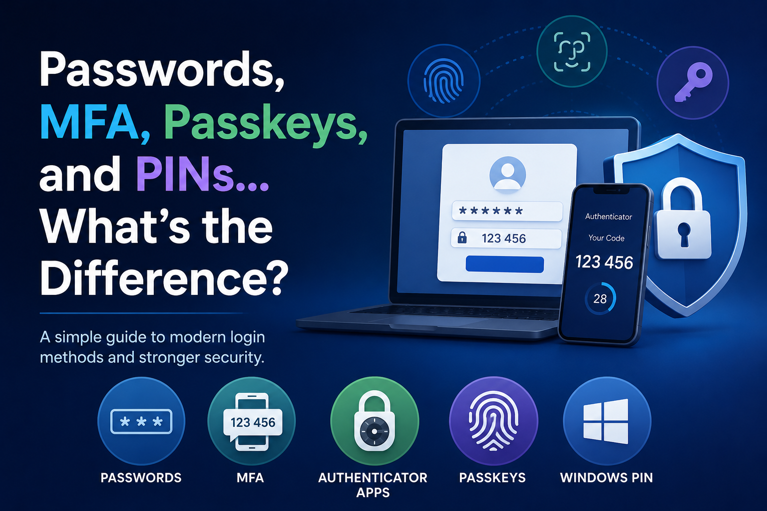 Passwords, MFA, Authenticator Apps, Passkeys, and PINs... What’s the Difference?
