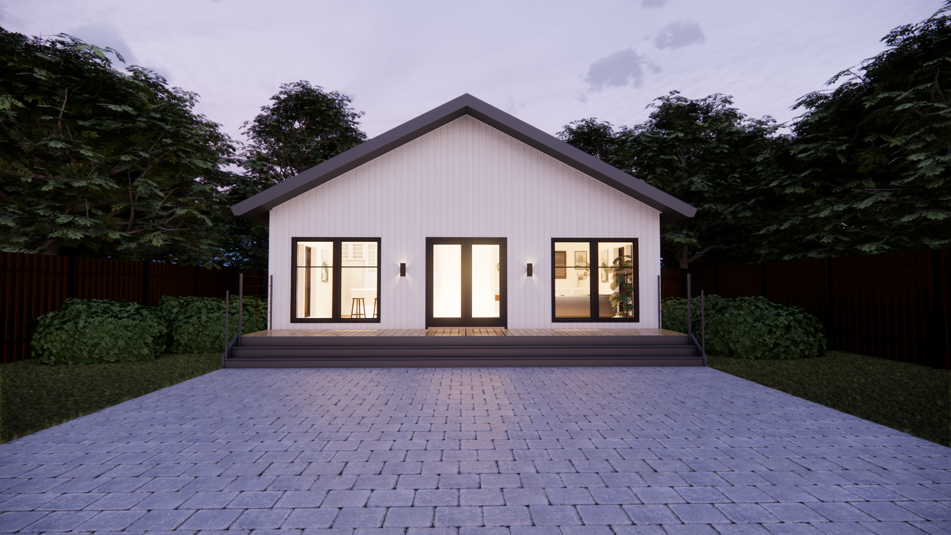A modern white house with large glass doors and windows, illuminated from inside, surrounded by greenery and a paved driveway at twilight