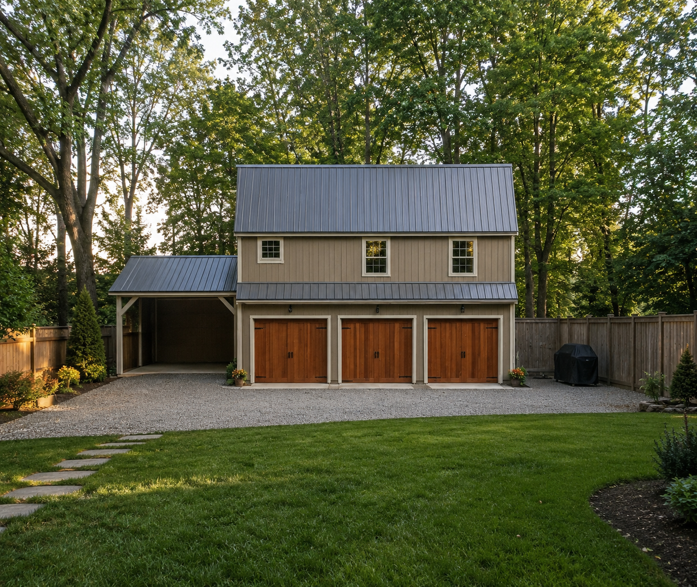 A two-story detached garage with a wood-paneled garage doors, gray siding, and a metal roof, surrounded by a backyard with a green lawn and a fence, with trees in the background.