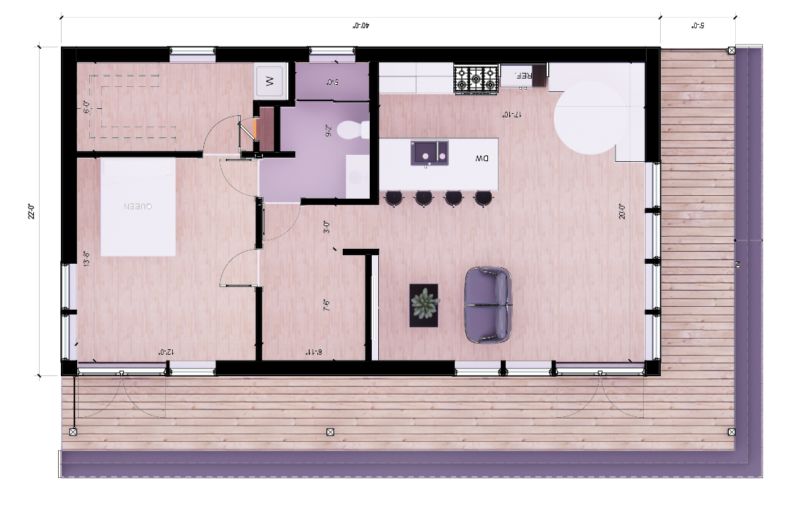 Floor plan of a small apartment with an open living area, kitchen with island and bar stools, bedroom, bathroom, laundry area, and large deck outside.