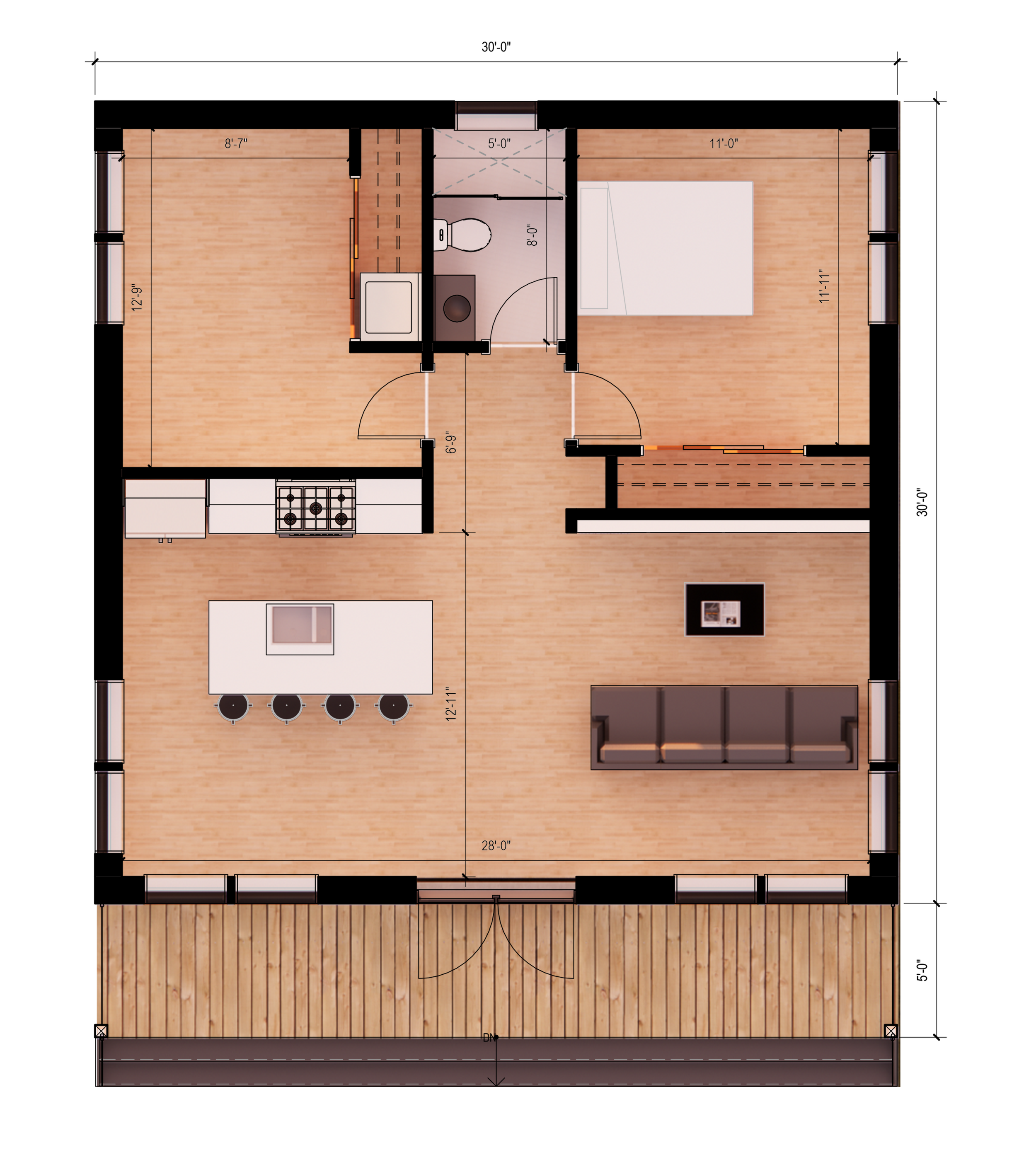 Floor plan of a residential space showing a kitchen, a bathroom, a bedroom, and a living room. The kitchen has appliances and countertops, the bathroom includes a toilet and a shower, the bedroom has a bed, and the living room has a sofa and a TV. Dimensions of rooms are labeled.