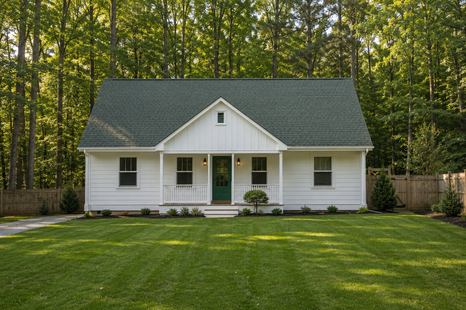 White house with green door in a yard with grass, surrounded by trees and a wooden fence