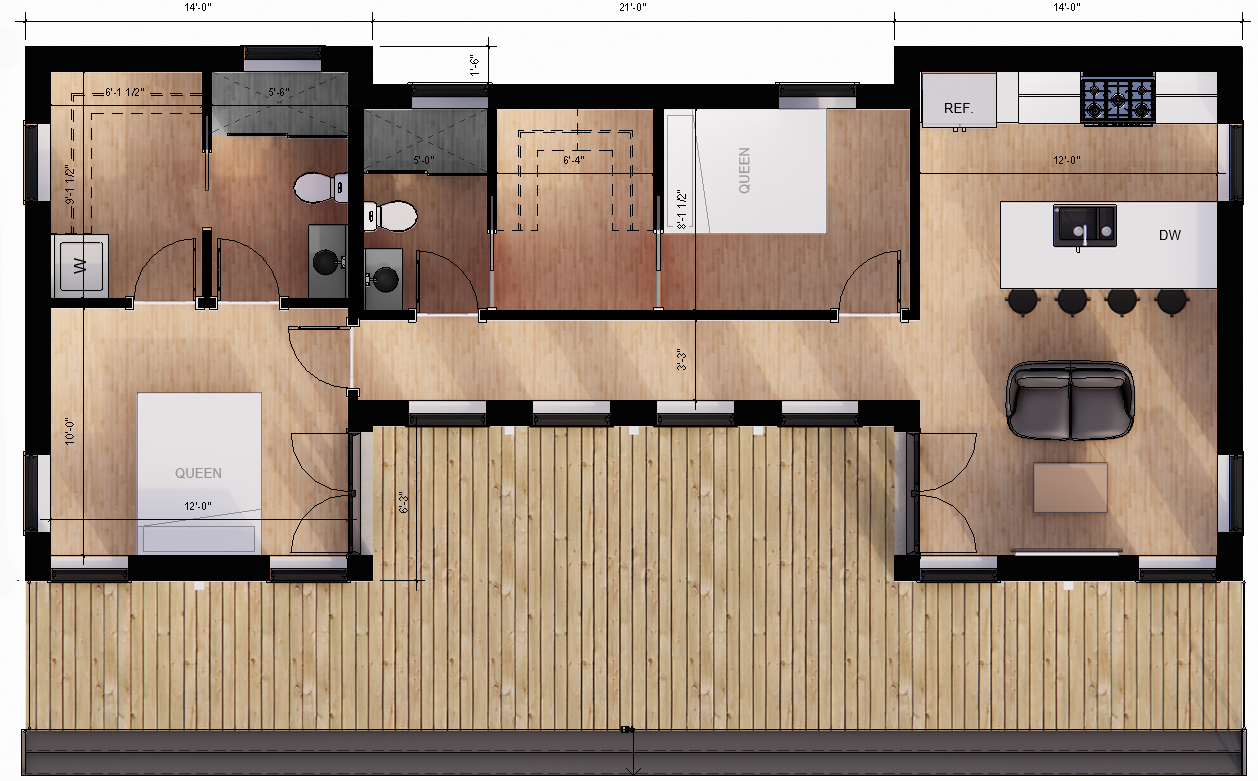 Floor plan of a house including two bedrooms, a bathroom, a laundry area, a kitchen, and a living room with a deck outside.