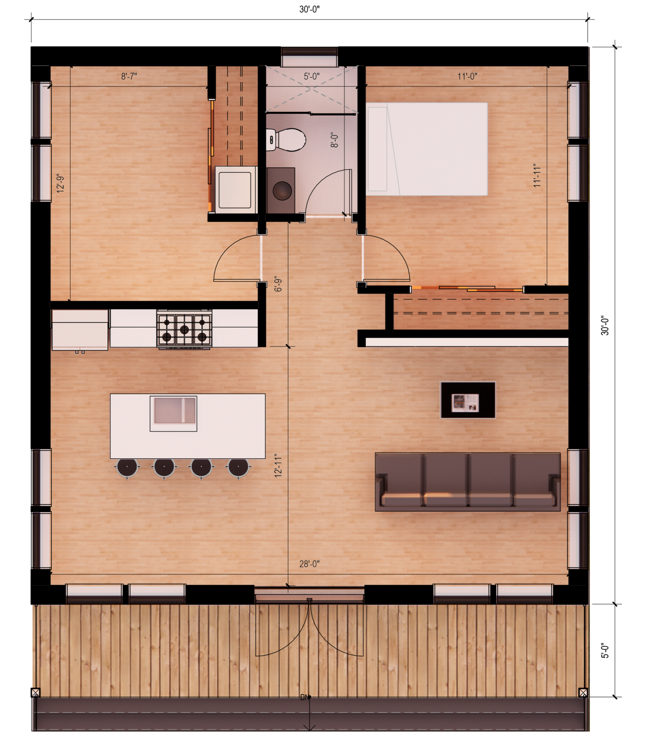 Floor plan of a house showing an open living space with a kitchen, dining area, and living room, along with a bedroom, bathroom, and porch area.