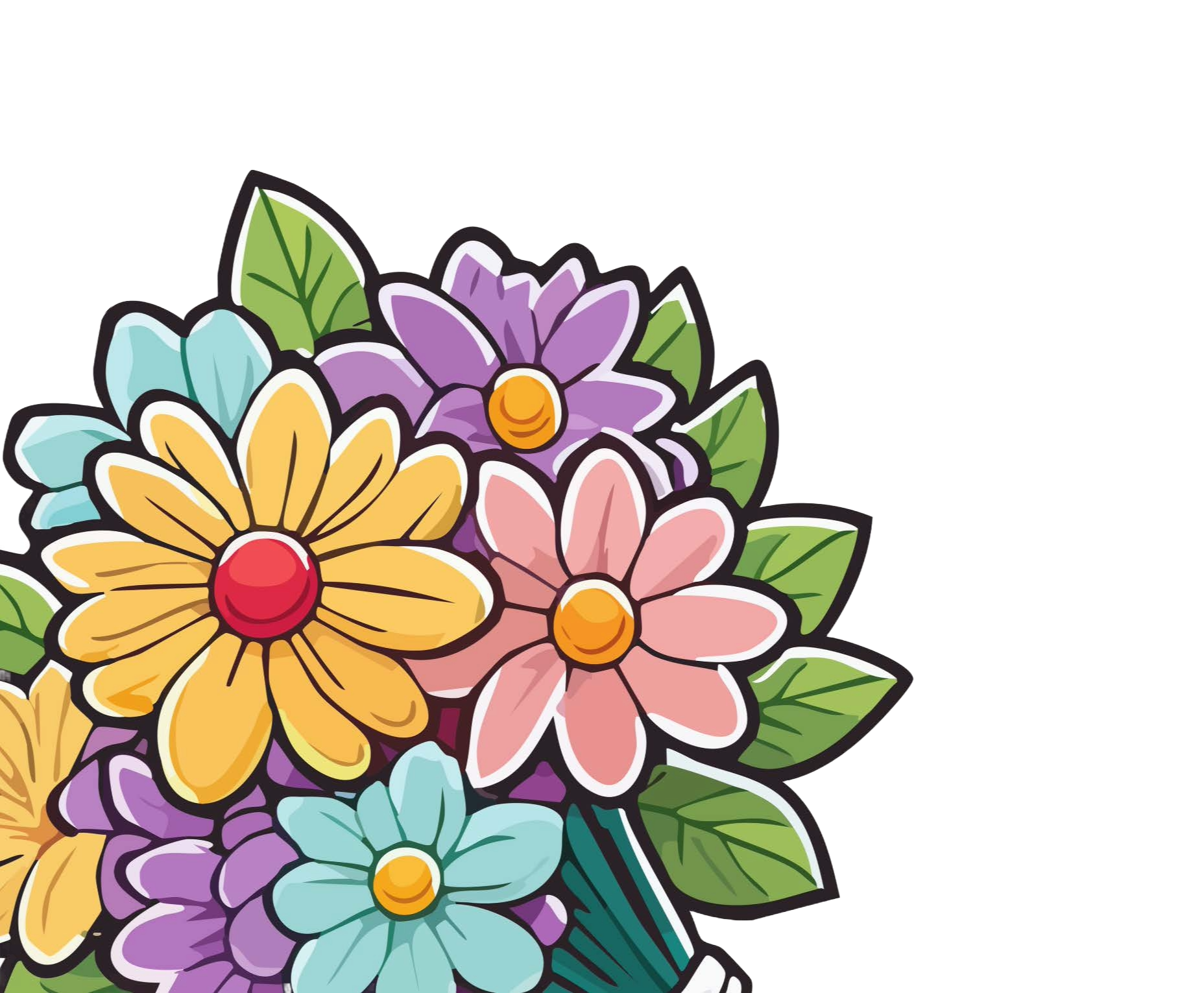 Colorful cartoon bouquet of flowers with yellow, purple, pink, and blue blooms and green leaves.