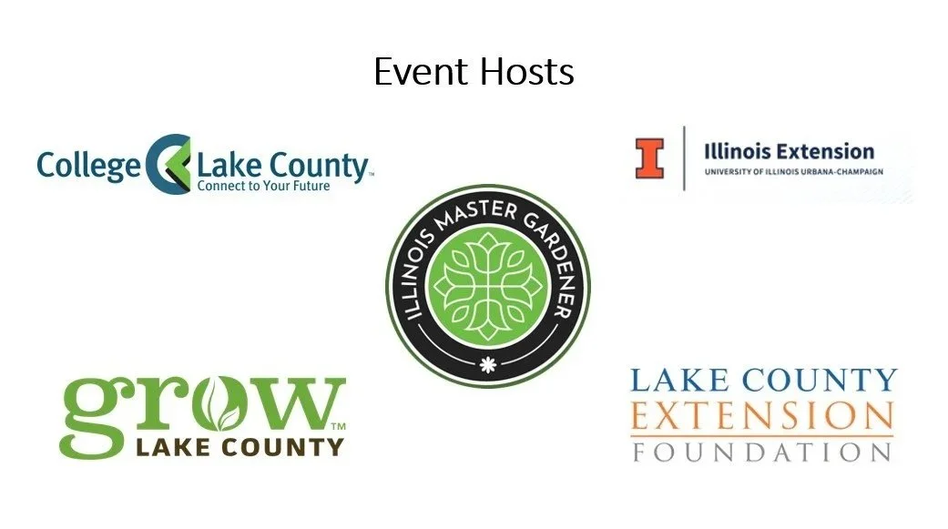 Logos of College of Lake County, Illinois Extension, Illinois Master Gardener, grow Lake County, and Lake County Extension Foundation, with the title 'Event Hosts' at the top.