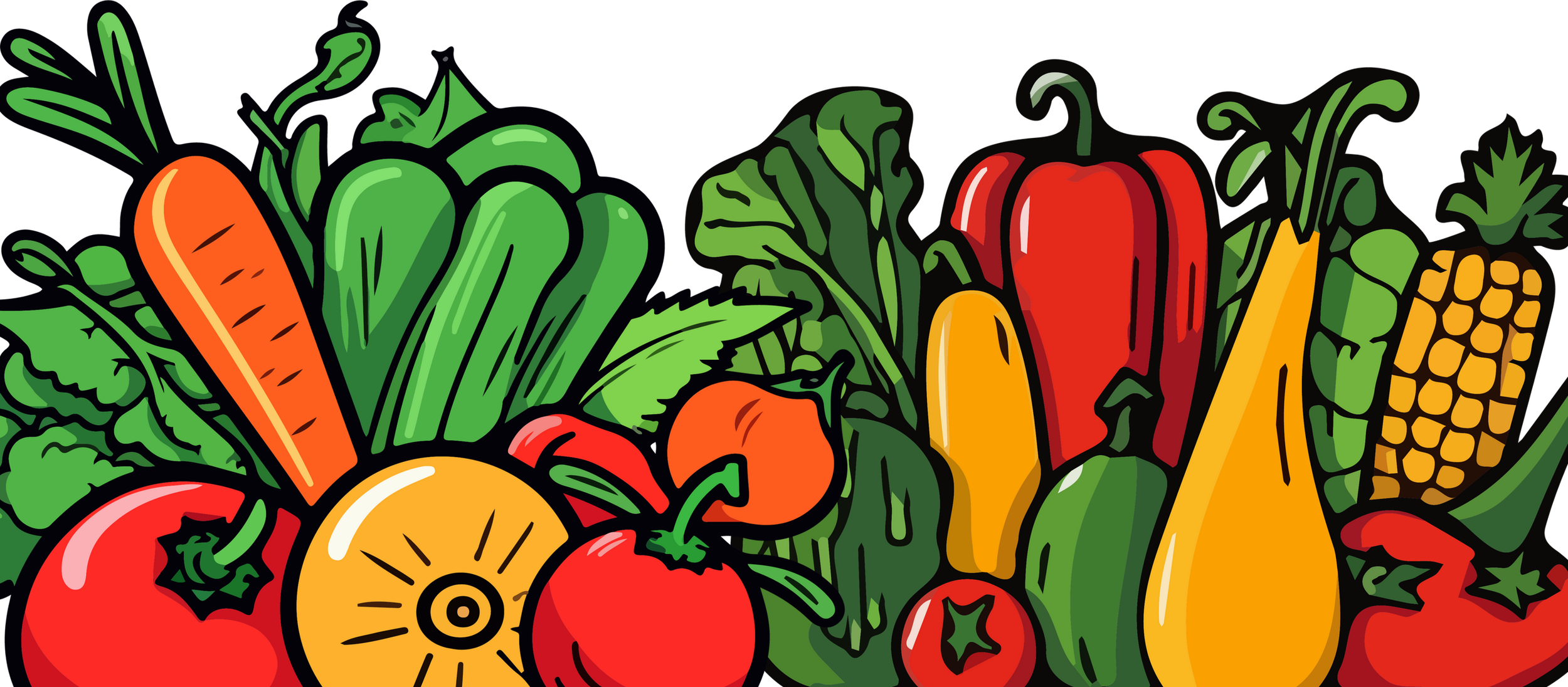 Illustration of assorted fresh vegetables including carrots, lettuce, tomatoes, peppers, zucchini, corn, and other greens.