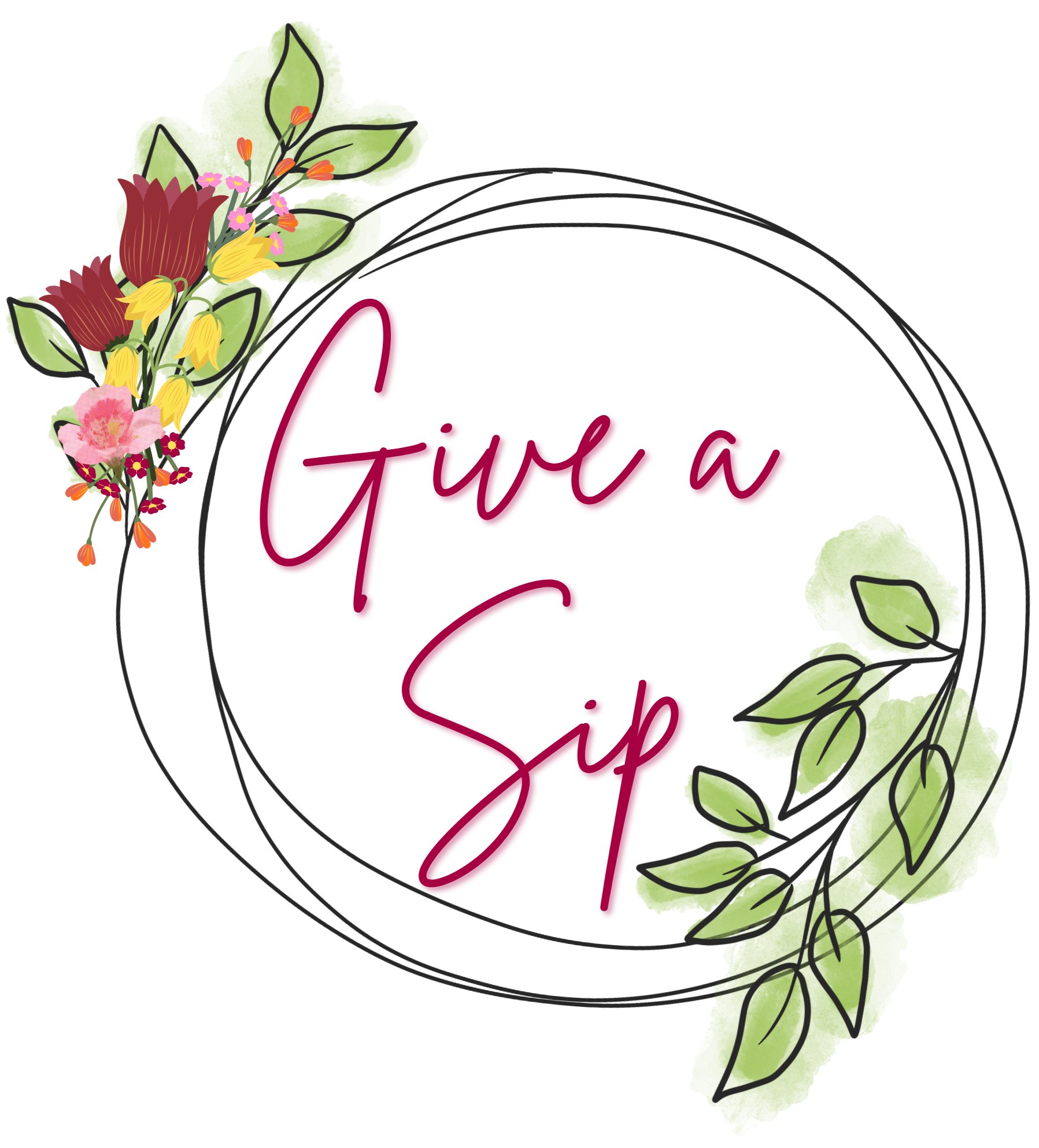 Decorative logo featuring the words 'Give A Sip' surrounded by colorful floral illustrations including green leaves, pink, yellow, and orange flowers on a black circular background with vibrant accents on the sides.