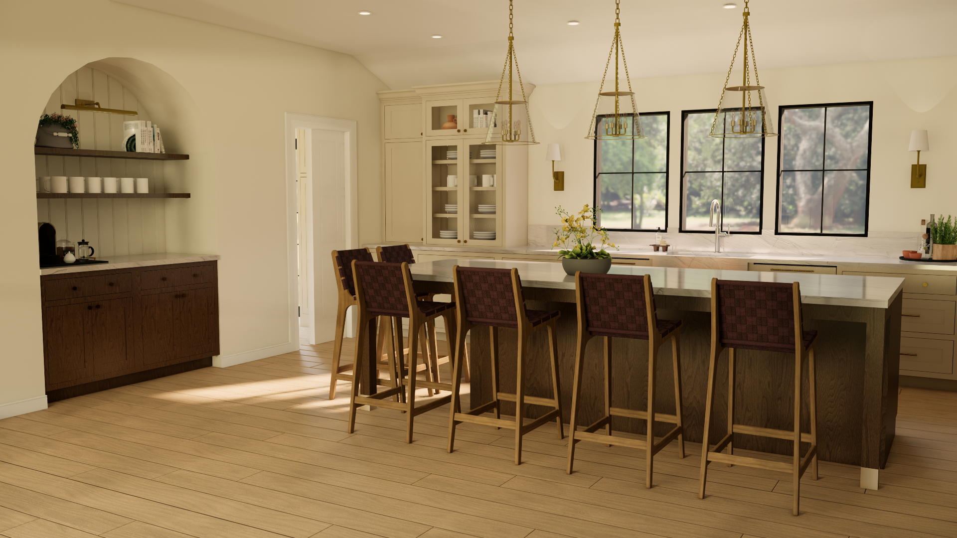 Modern kitchen with a large island, six wooden chairs with red cushions, white cabinetry, a built-in glass cabinet, windows view of trees, and hardwood floors.