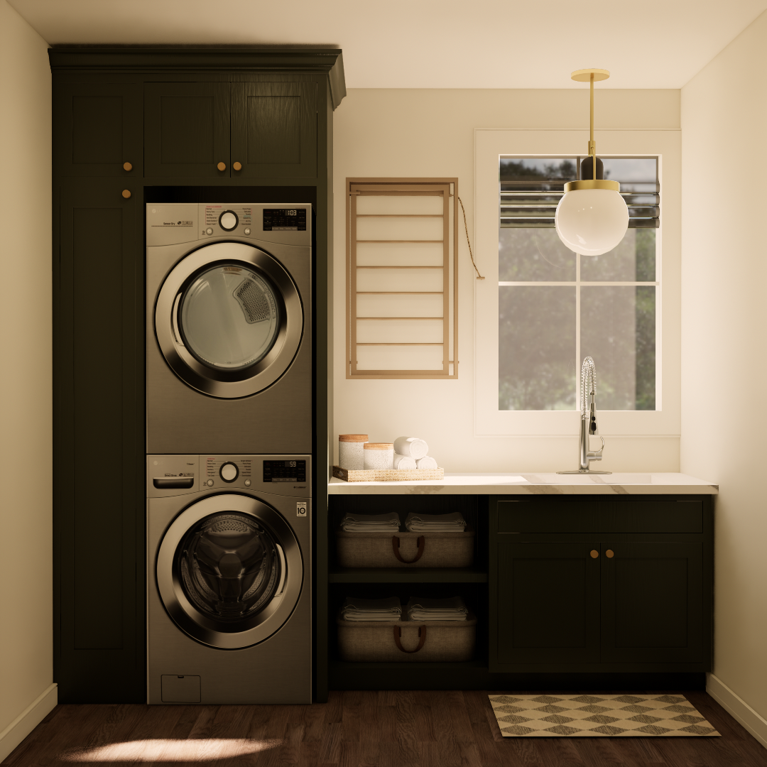 Laundry room with stacked washer and dryer, dark cabinetry, a window, and a modern pendant light.