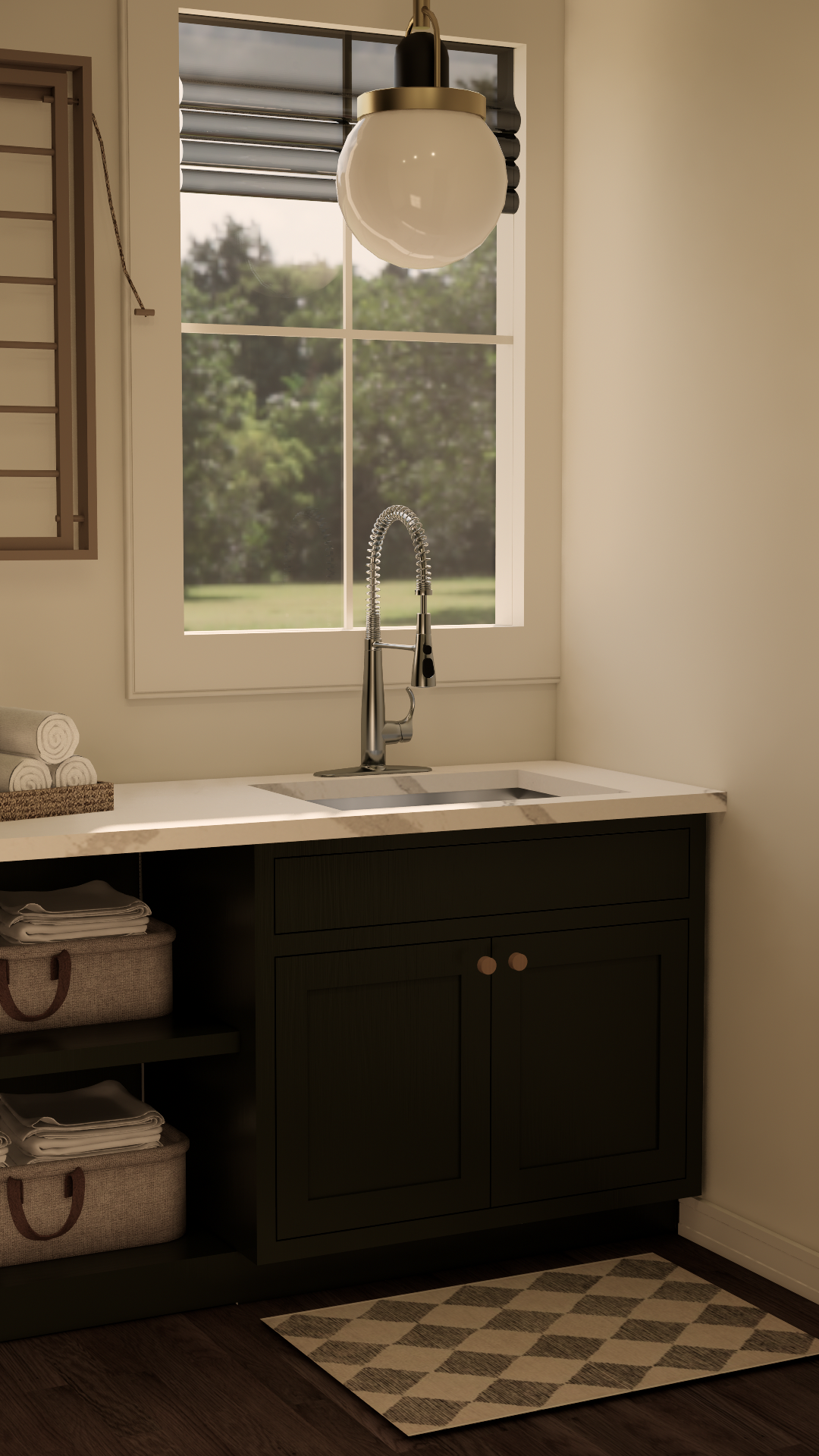 A kitchen sink area with a window showing green trees outside, a modern faucet, a black cabinet below with two closed doors, and a patterned rug on a dark wooden floor.