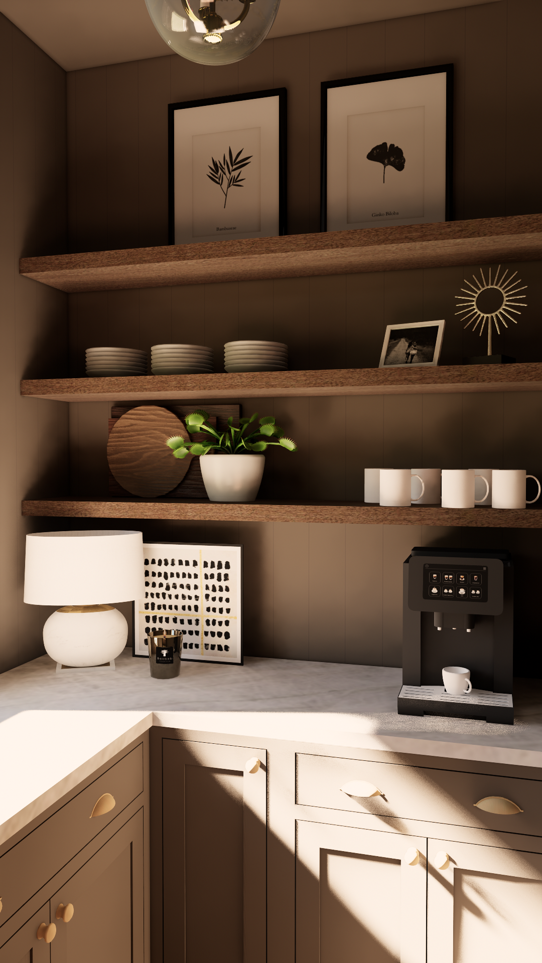 A cozy kitchen corner with beige cabinetry, wooden open shelves holding white plates, cups, and decorative items, a small potted plant, a framed picture, and wall art of botanical prints. There is a white table lamp, a small black container, and a co