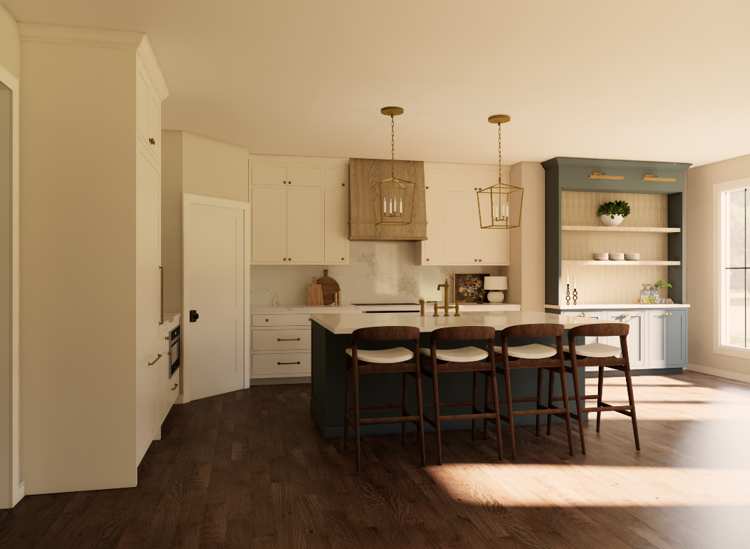 Modern kitchen with white cabinets, a blue built-in shelf, a kitchen island with four wooden chairs, and window sunlight.
