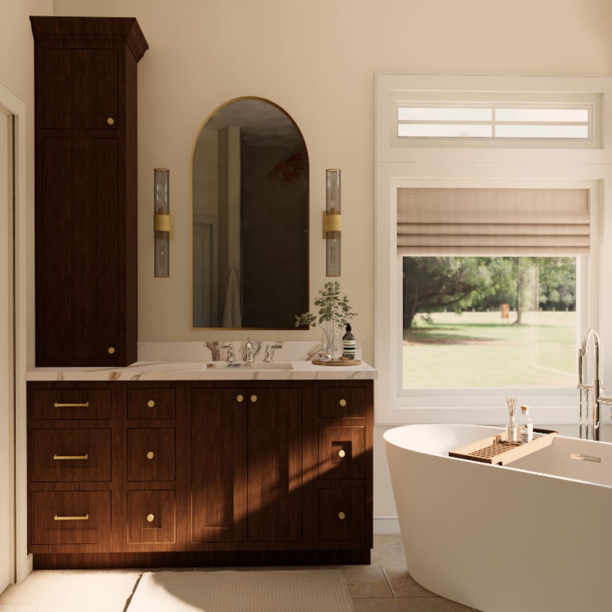 Bathroom with a wooden vanity, oval mirror, and a bathtub by a window showing a green outdoor scene.