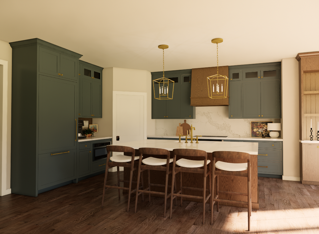 Modern kitchen with dark green cabinets, a white marble backsplash, a white island with seating, and two gold pendant lights.