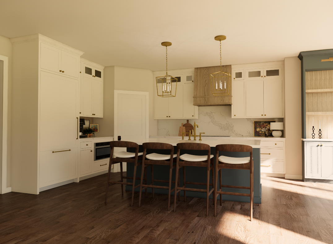 Modern kitchen with white cabinets, a blue island with bar stools, and two gold pendant lights.