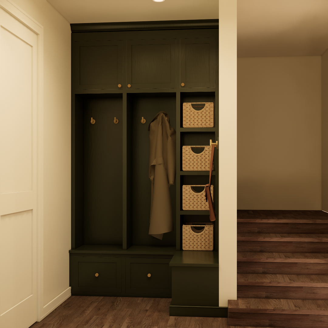 Dark green hallway closet with hooks, storage baskets, and a coat hanging inside, next to a staircase with wood steps.