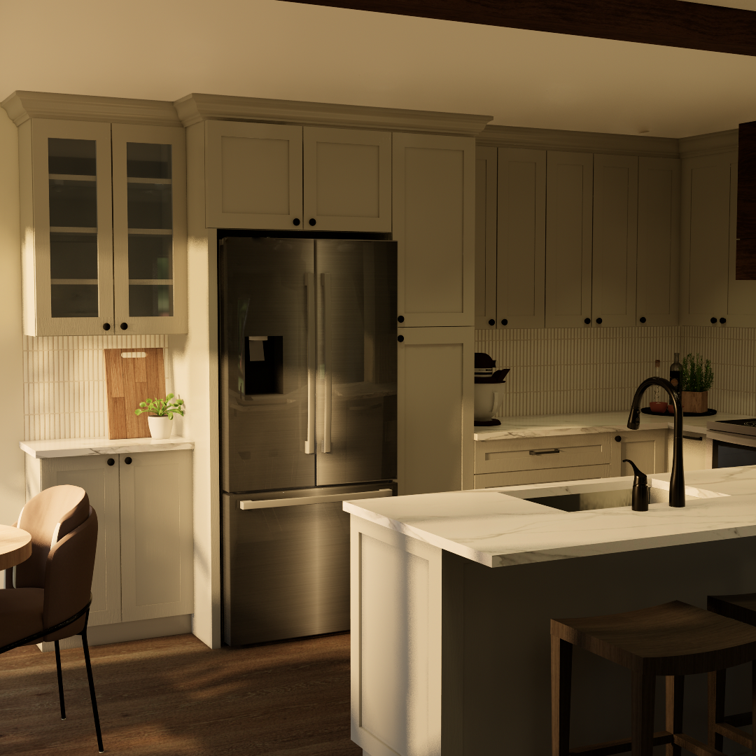 Modern kitchen with beige cabinets, stainless steel refrigerator, white marble island with black faucet, and wooden barstools.