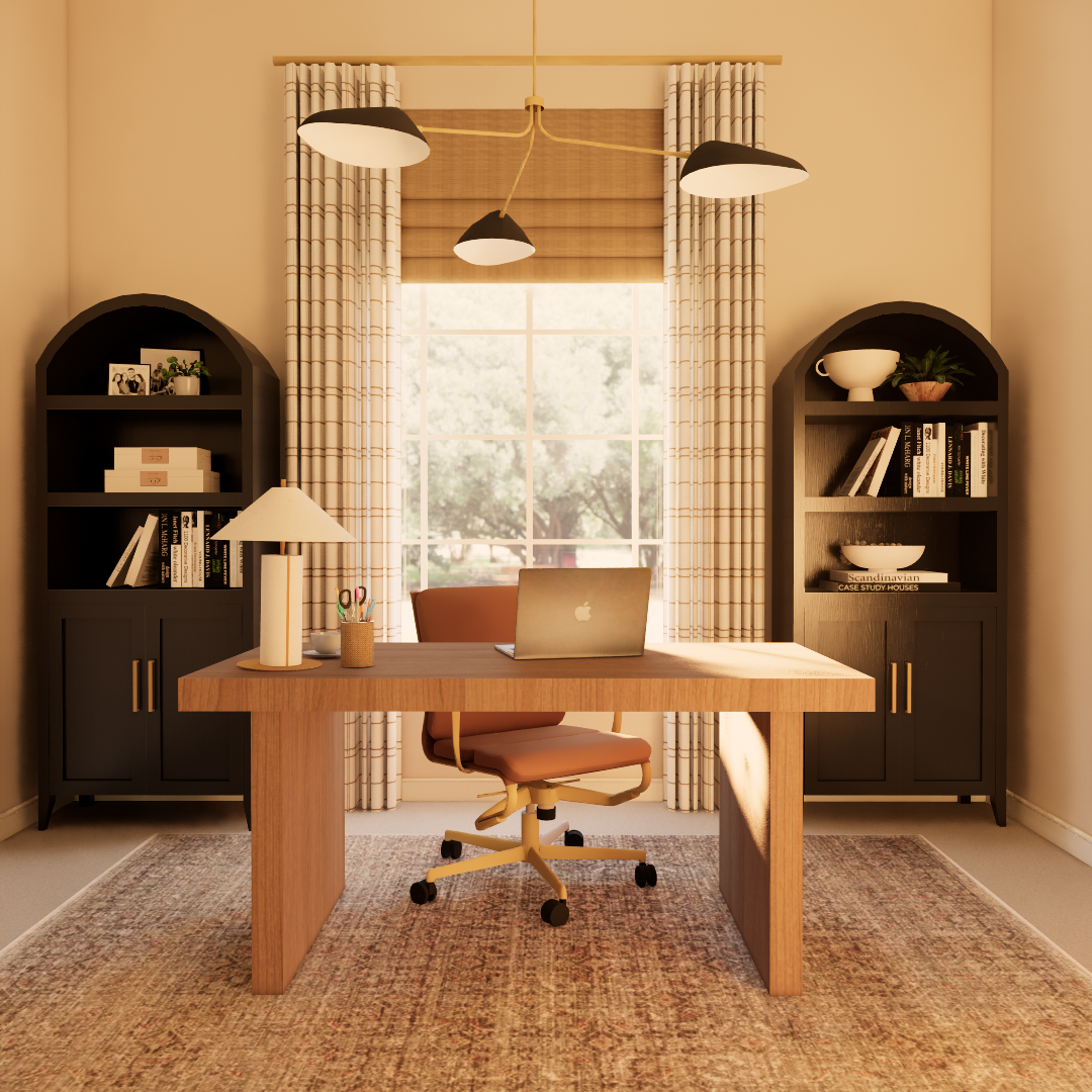 Home office with a wooden desk, a pink office chair, a laptop, a table lamp, dark bookshelf cabinets, window with sheer curtains, and a patterned rug.