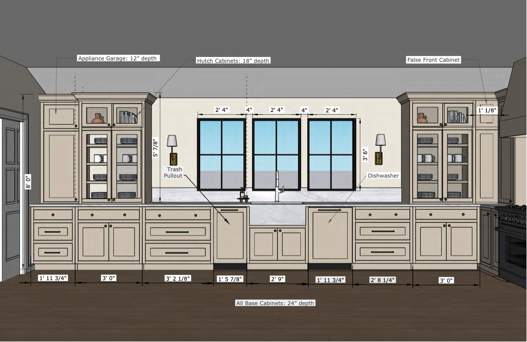 Kitchen cabinet and window layout with measurements, featuring upper cabinets, a double window, lower cabinets, and wall sconces.