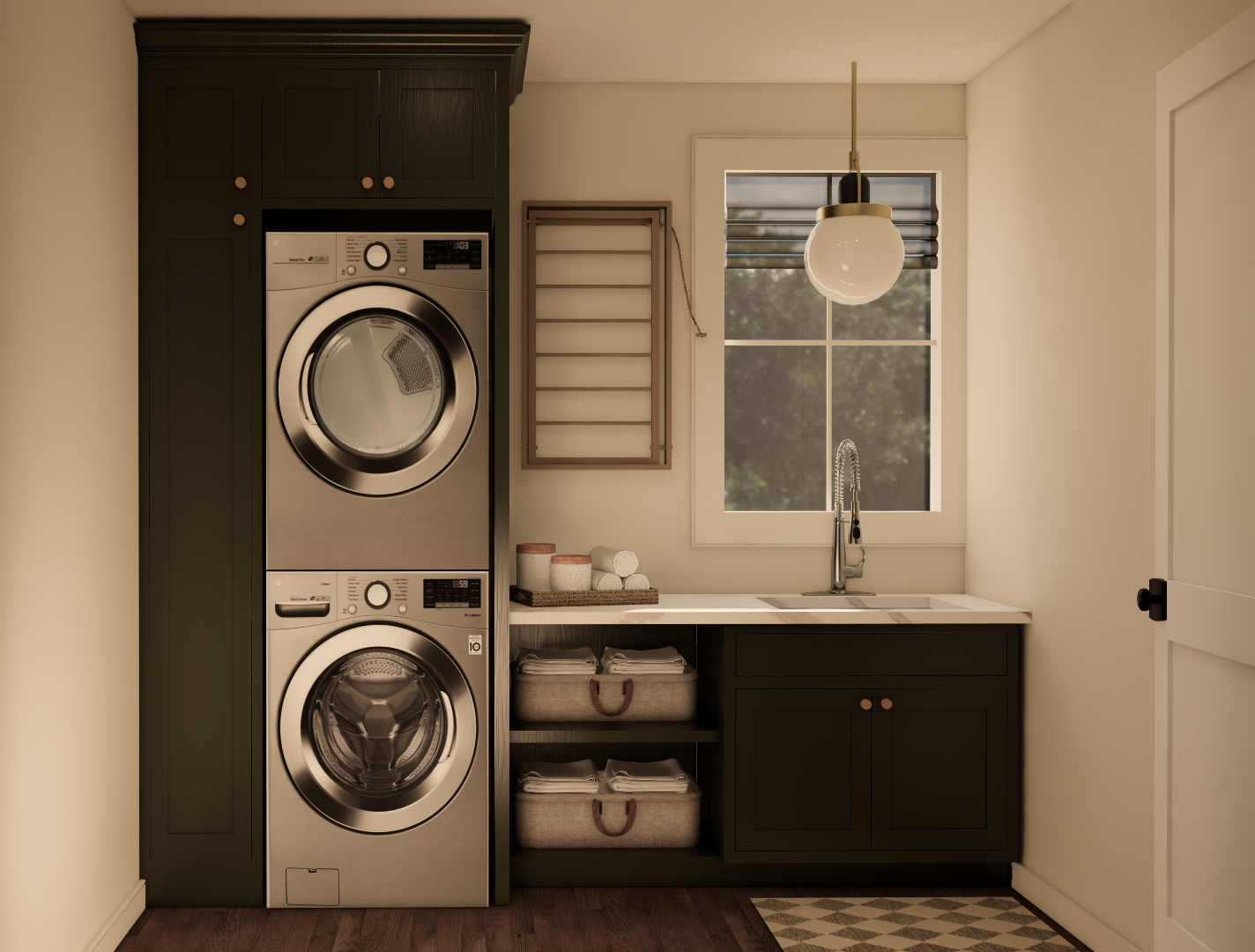 A laundry room with stacked washer and dryer units, a small sink, a window, and storage baskets.