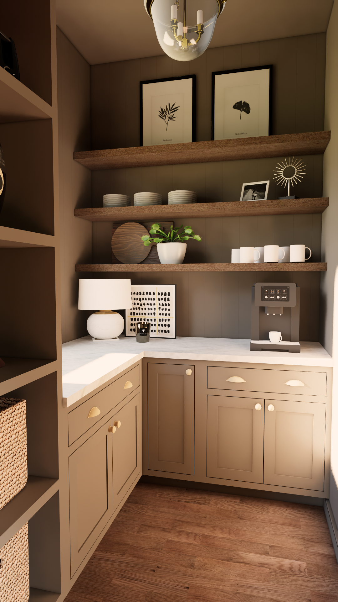 A cozy home bar corner with beige cabinetry, three wooden open shelves holding dishes, framed botanical art, cups, and decorative items, a modern coffee machine, a table lamp, a small candle, and various decorative accents, with wood flooring and war