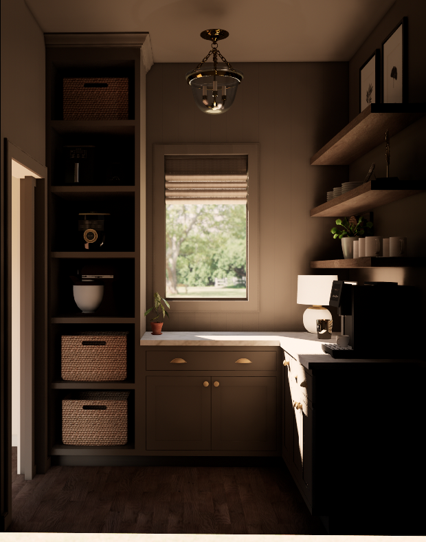 Kitchen nook with window, cabinets, shelves, coffee machine, and decorative items
