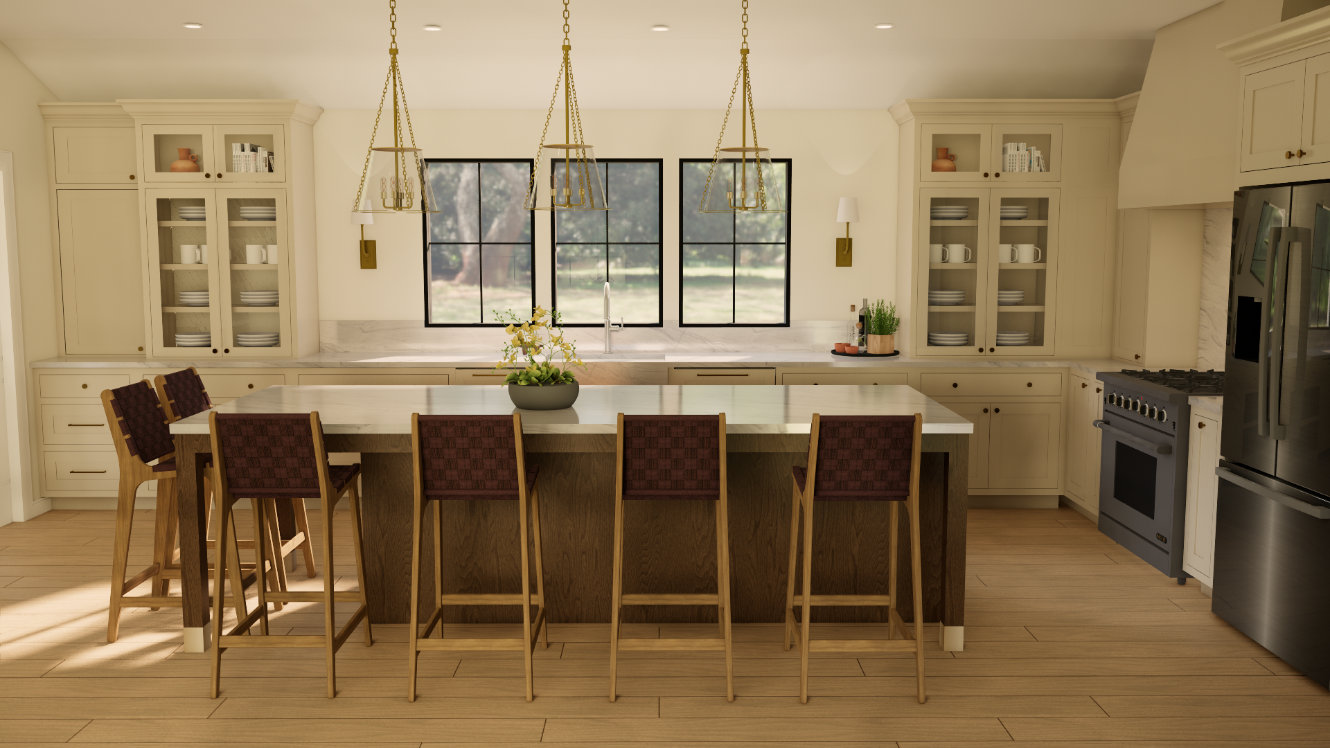 Bright kitchen with white cabinets, black window frames, and a large island with six brown and red checkered chairs. There are three pendant lights hanging above the island, a vase of flowers, and a view of trees outside through the windows. The kitchen has wooden floors and modern appliances, including a stainless steel refrigerator and stove.
