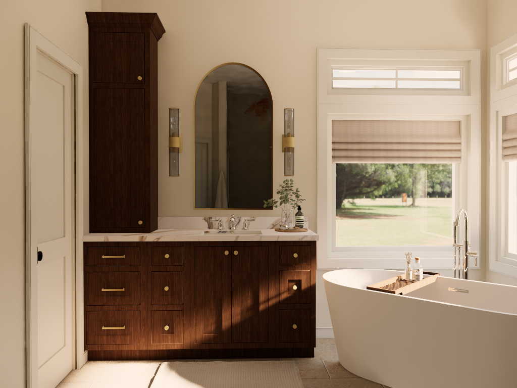 A bathroom with a wooden vanity, a large window, and a standalone bathtub. The vanity has a white countertop, a mirror, and two wall-mounted light fixtures. Outside the window, a green lawn and trees are visible.