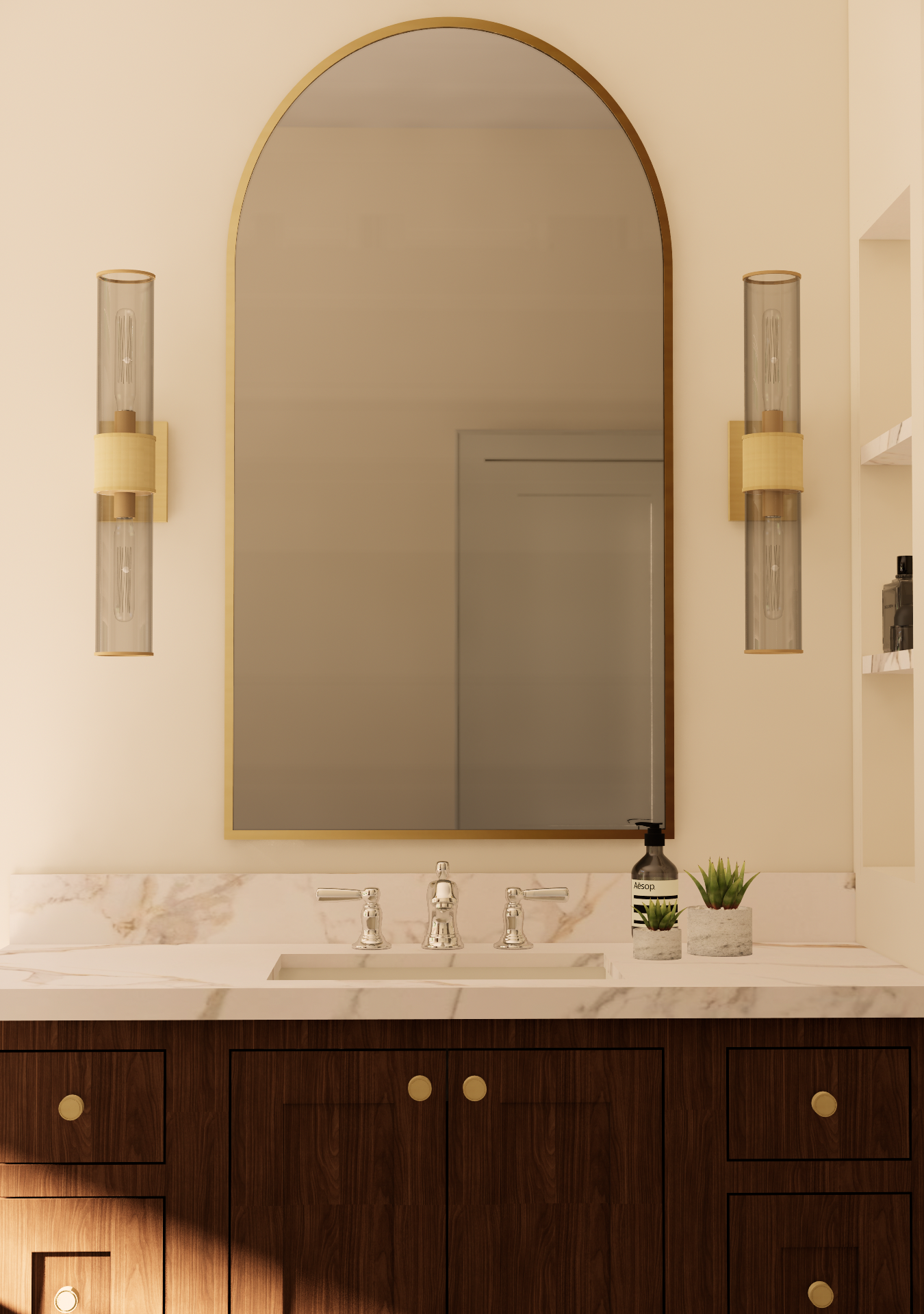 3D Rendering, bathroom vanity, gold mirror, gold sconces, mixed metal, polished nickel faucet, quartz countertop, interior design, vanity niche