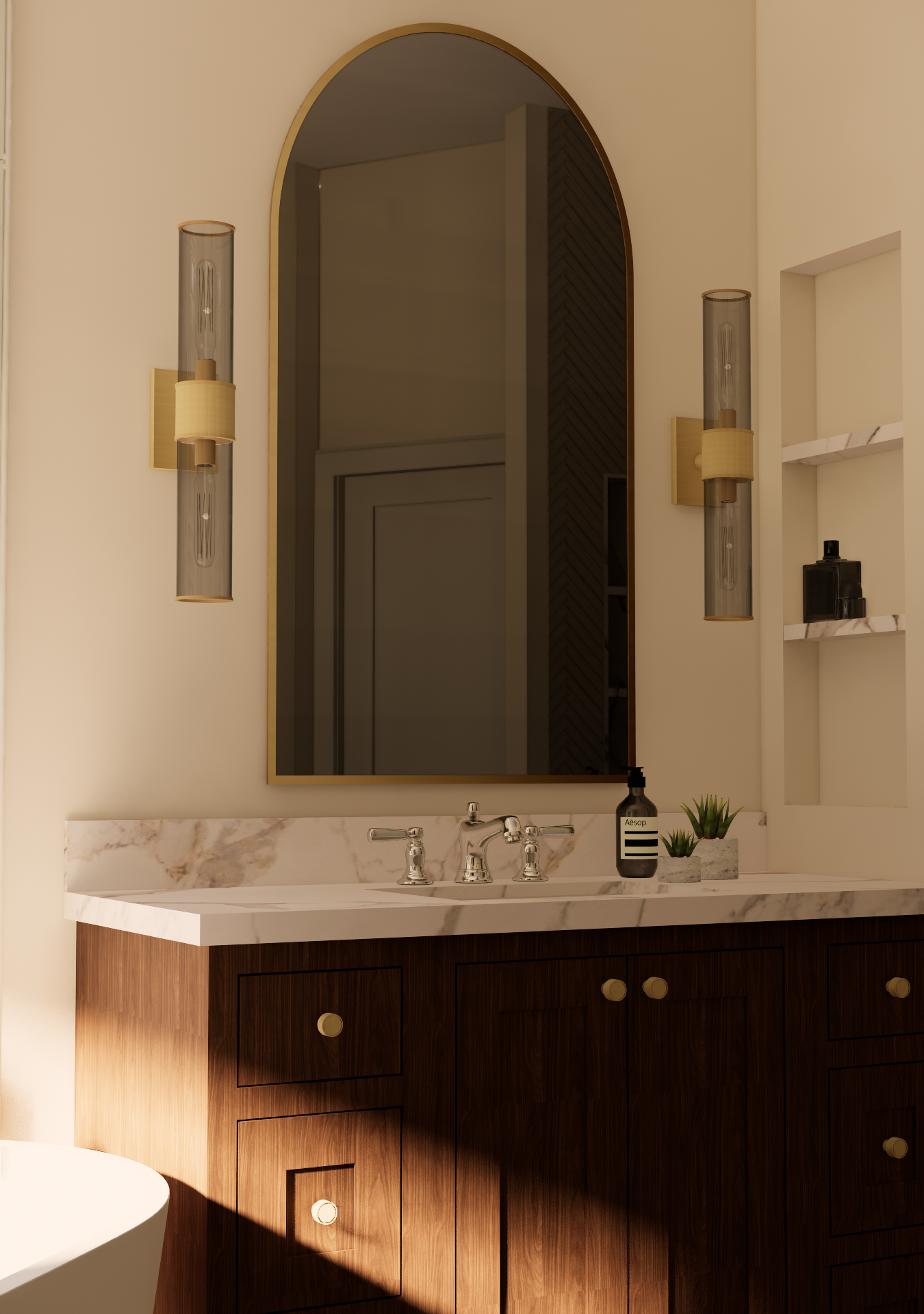 Bathroom vanity with a marble countertop, dark wood cabinet, large mirror, and modern light fixtures on both sides.