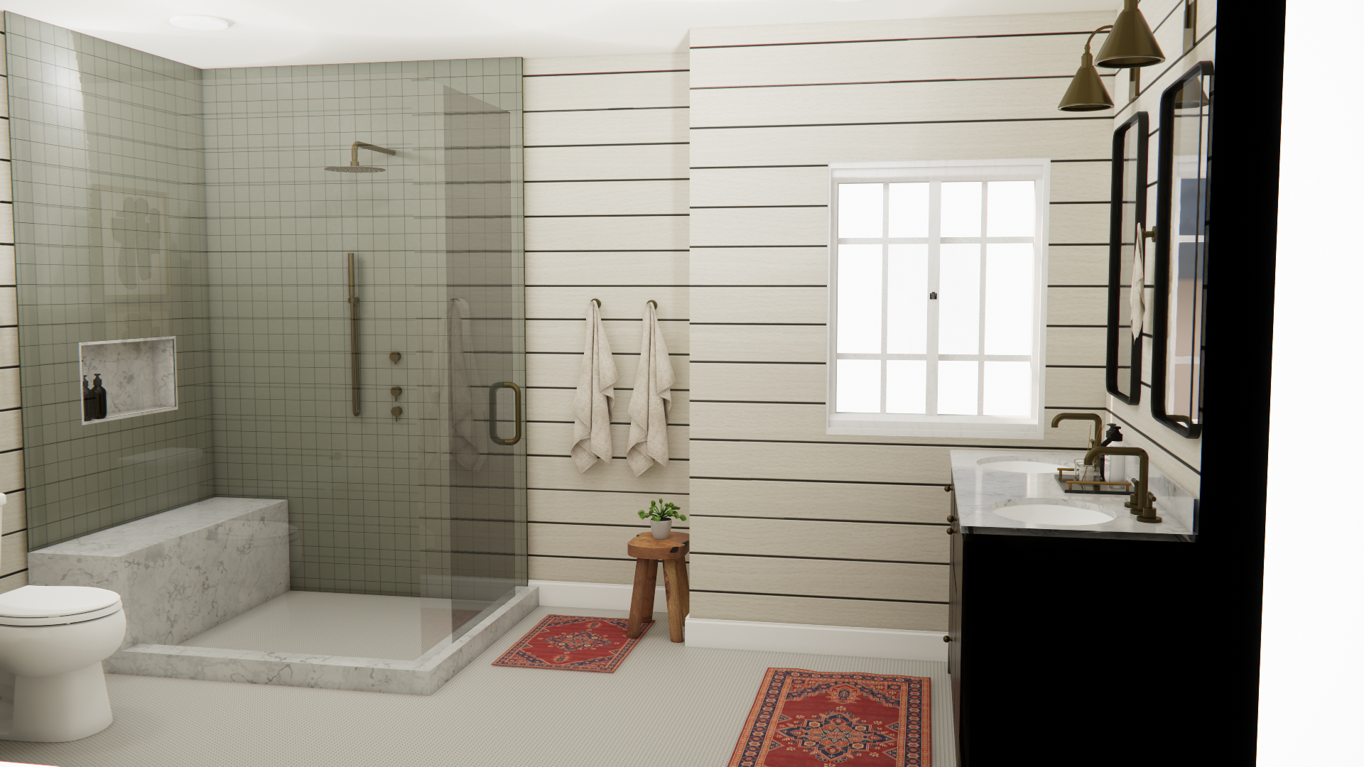 Modern bathroom with walk-in shower, double vanity, and window, decorated with rugs and towels.