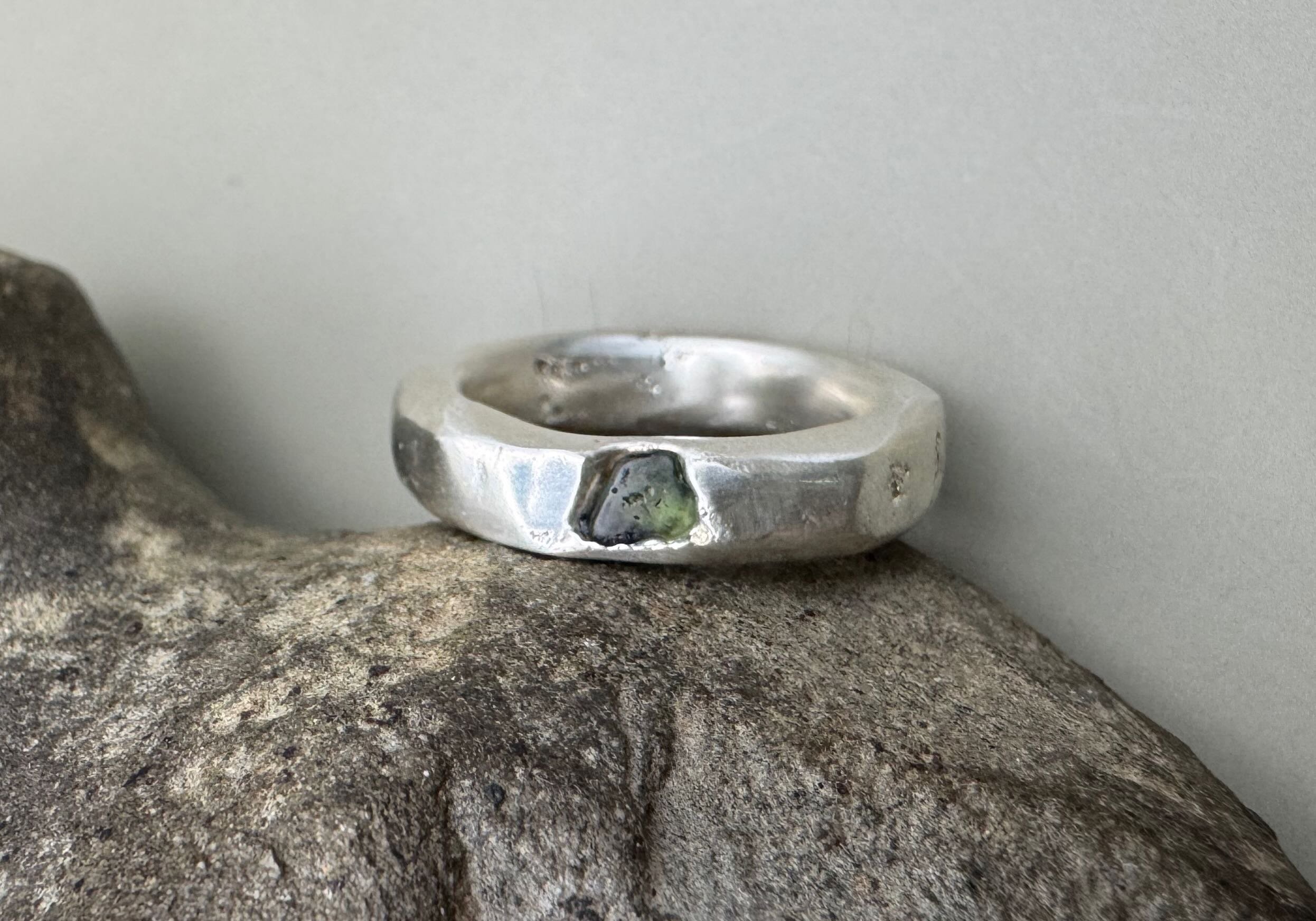 Raw Green Tourmaline Sand Casted Ring