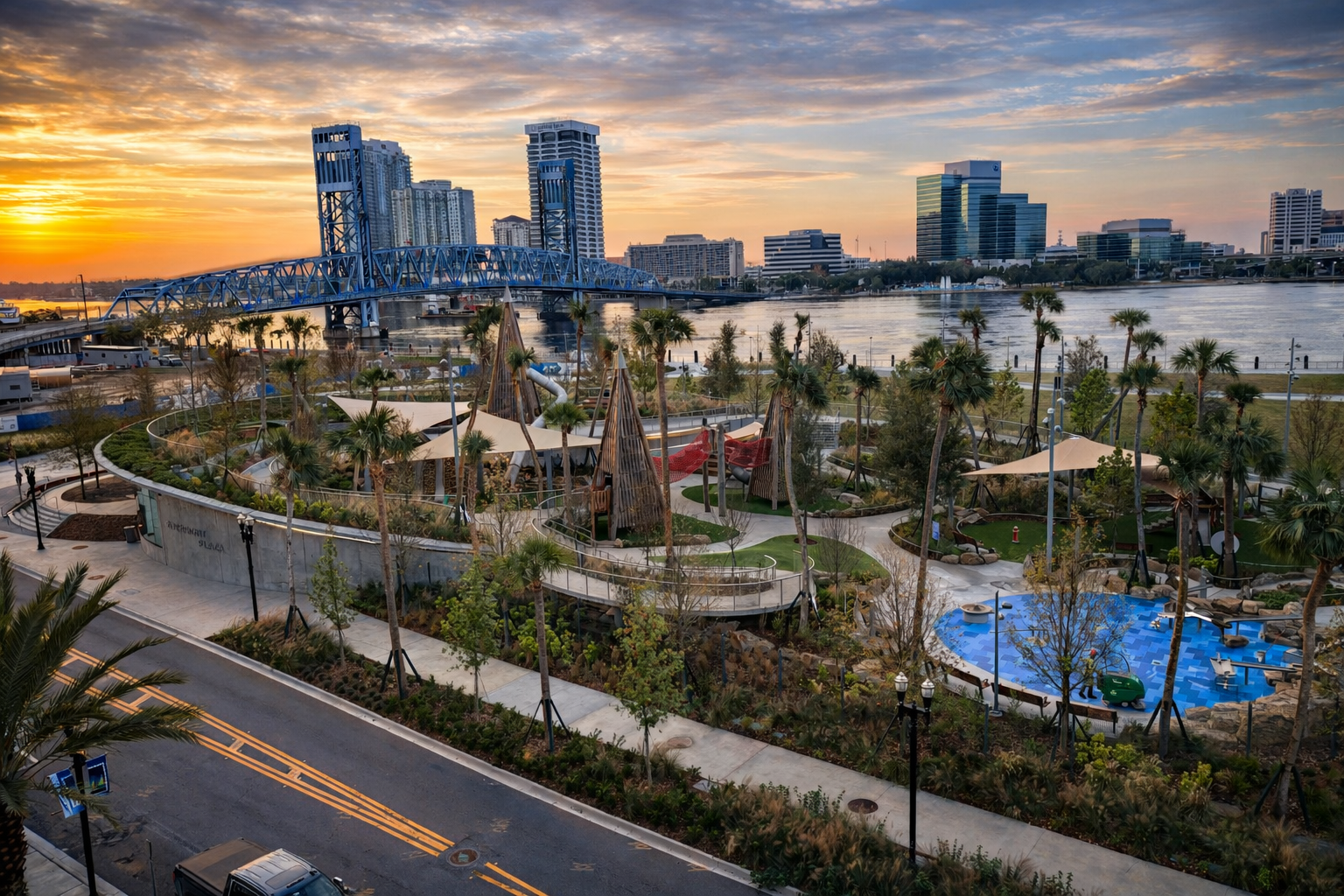 Jacksonville River Plaza Playground and Civic Building, Jacksonville, FL. Developed with Perkins & Will. National Competition Winner. 