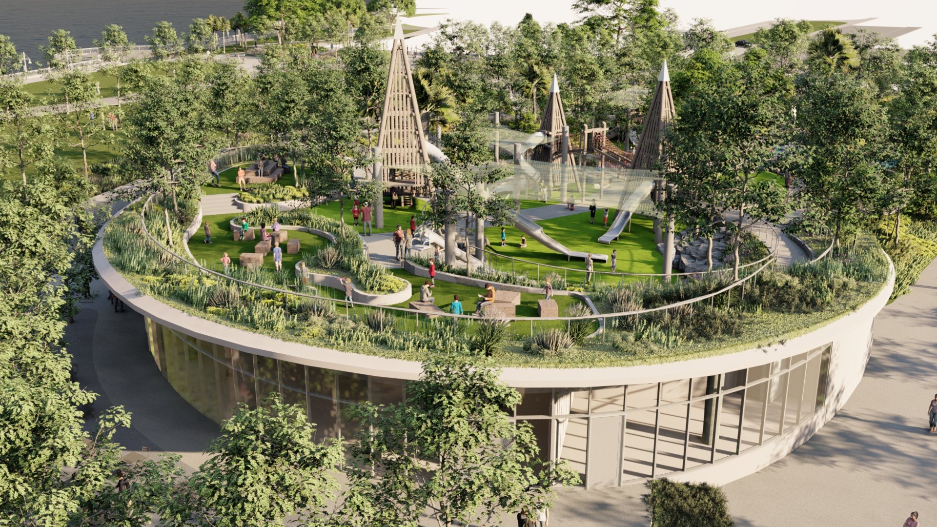 Playground integrated into Civic Building at Jacksonville River Plaza, Jacksonville, FL, developed with Perkins & Will