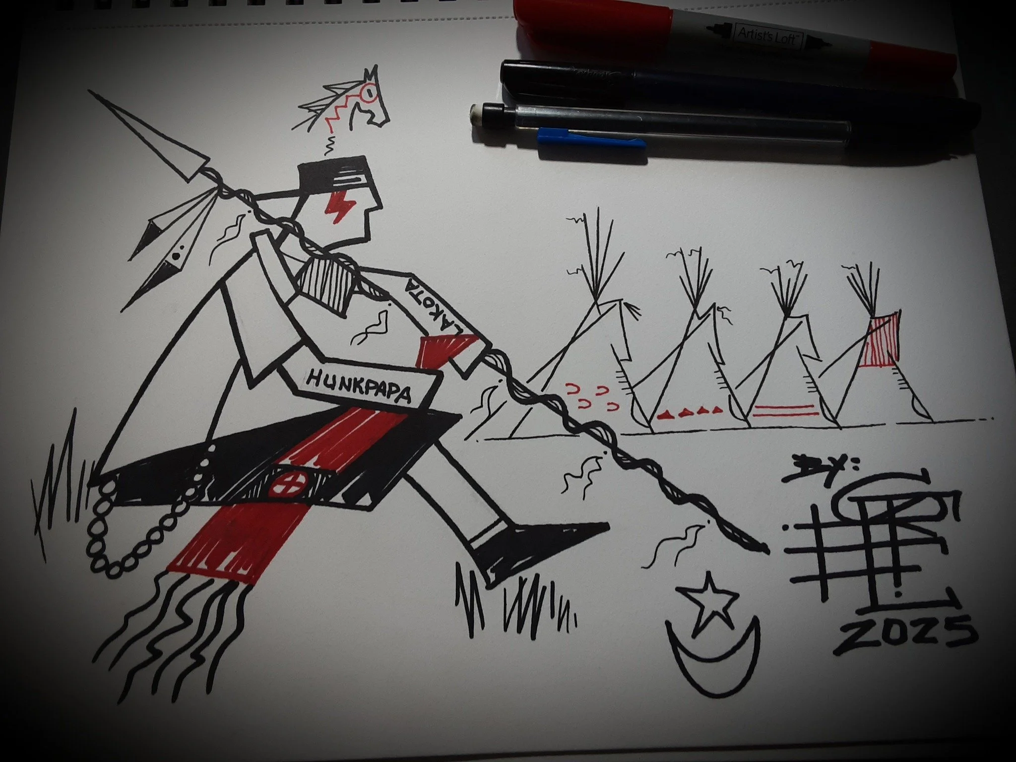 A drawing of a soldier with a unicorn horn on his head, playing a drum labeled 'Hunkpapa,' wearing a feathered headdress. The soldier is connected to a horse with a leash, and the background includes teepees and a crescent moon with a star, all with
