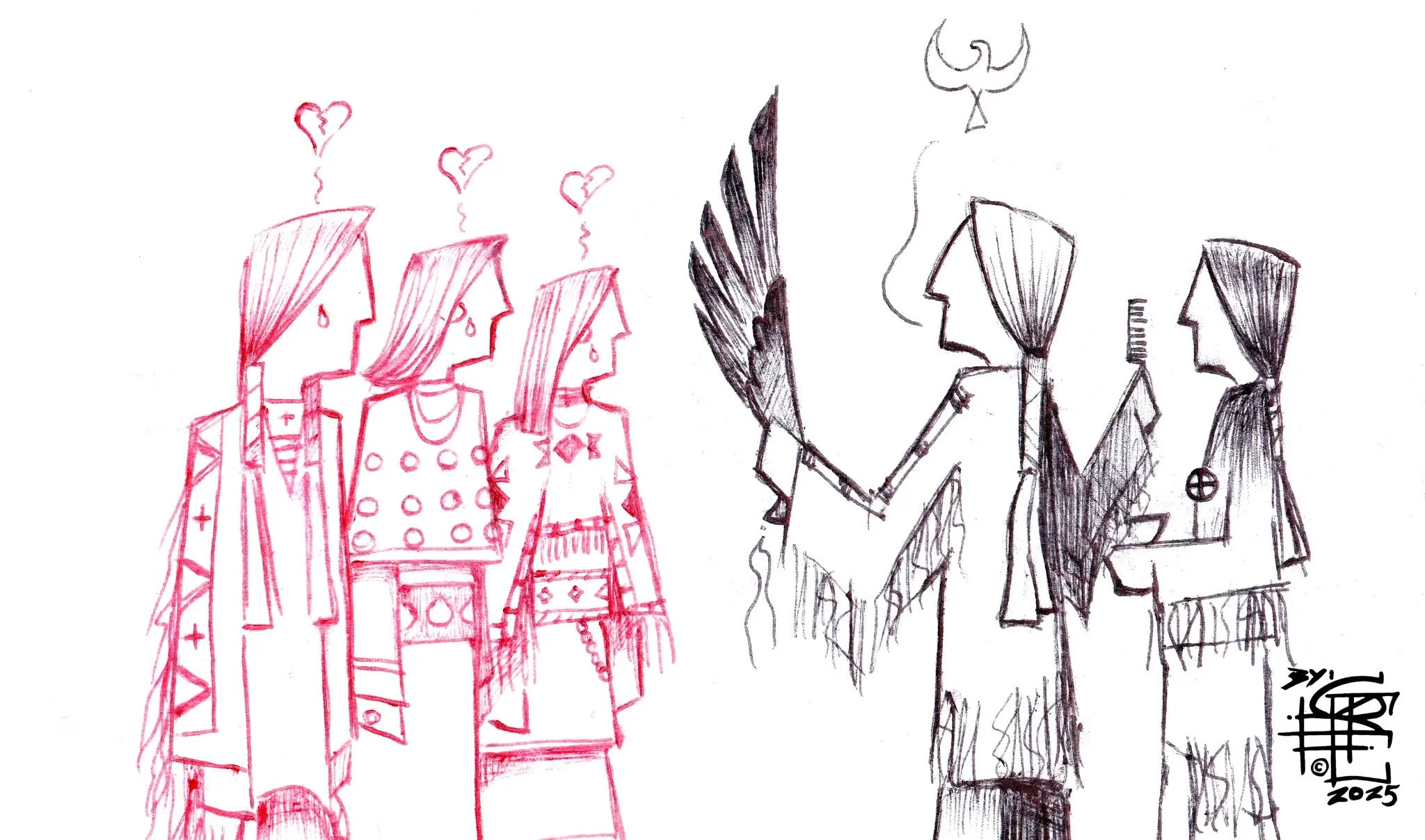 Sketch of five women, with three on the left in red ink having hearts above their heads, and two on the right in black ink with one touching the other's arm, against a white background.