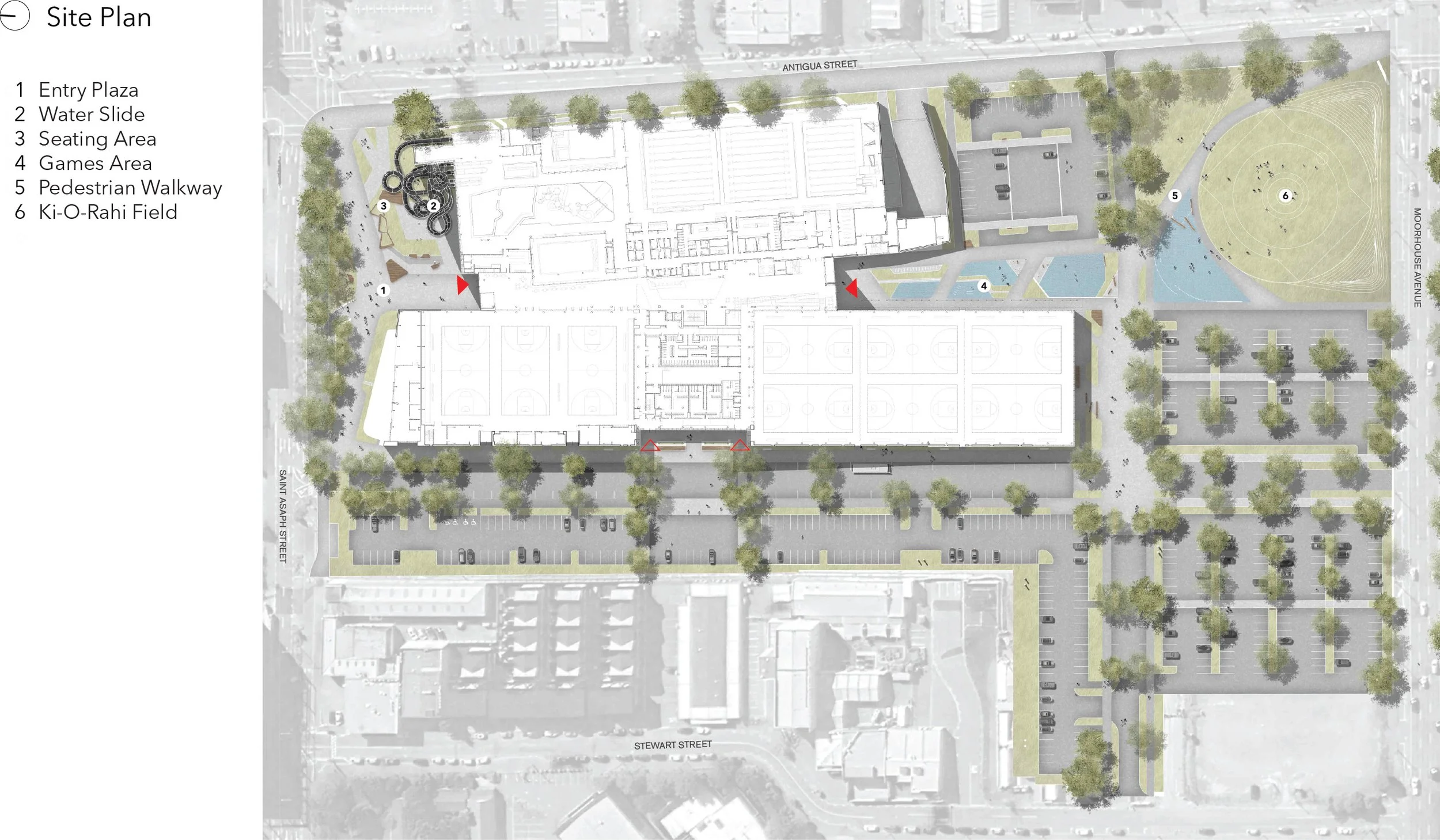 Site Plan showing building and surrounding environment sandwiched between Saint Asaph street and Moorhouse avenue