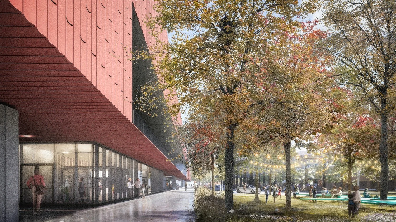 A modern urban park scene with trees, people walking and sitting on benches, and a contemporary building with a pink overhang on the left side.
