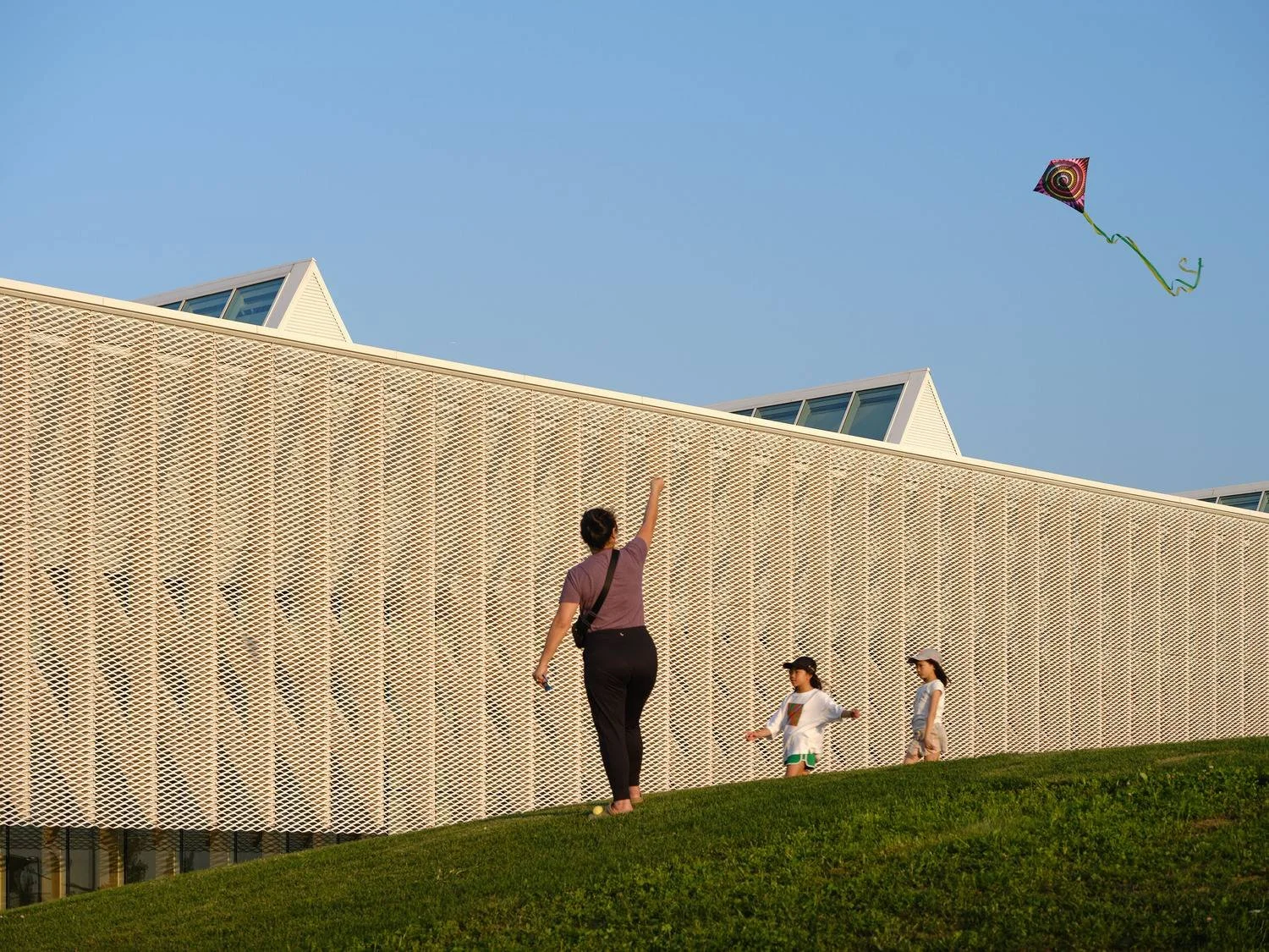 People flying a kite outside on a grassy hill near a modern building with a textured facade.
