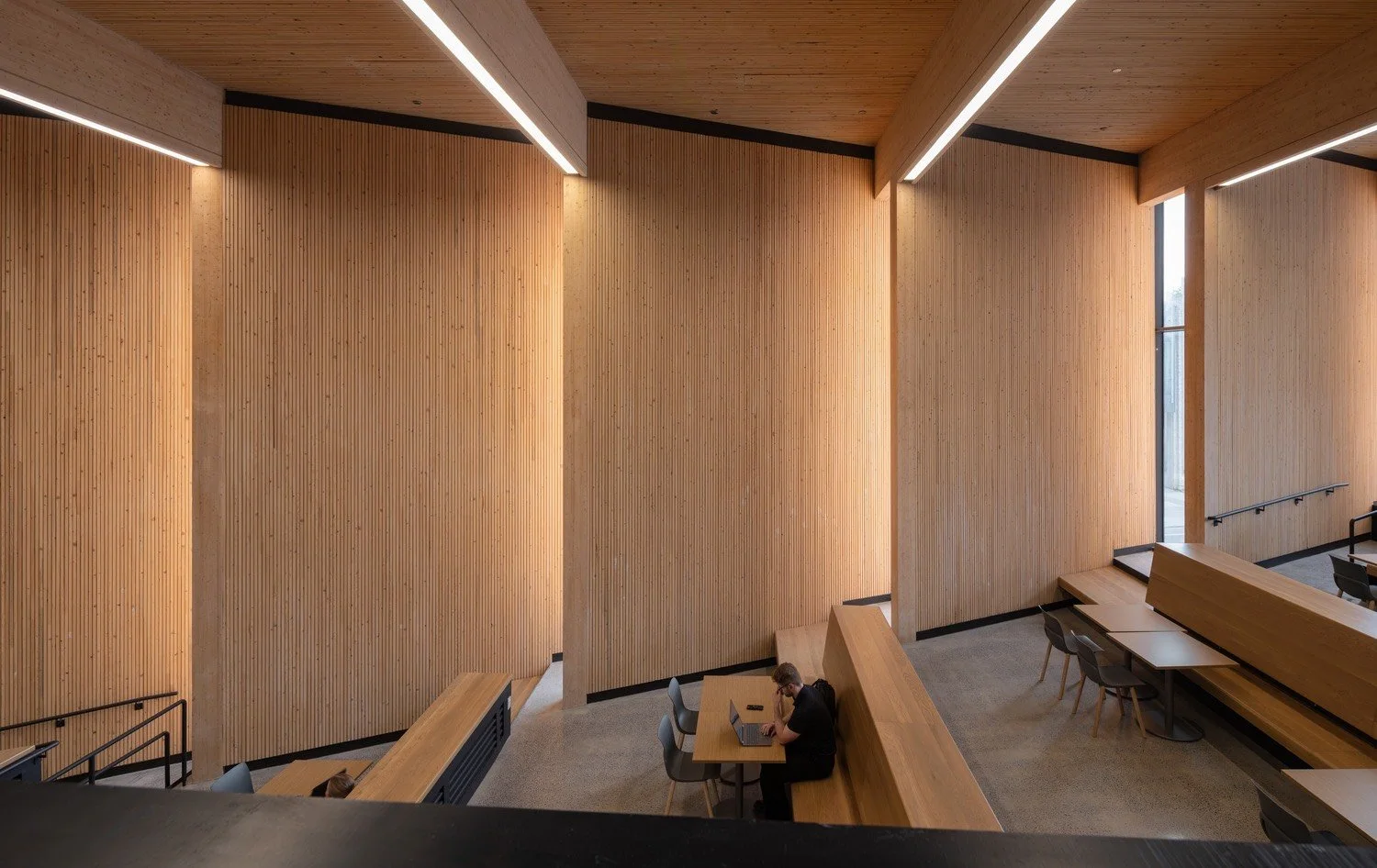 A modern interior space with wooden walls, ceiling, and furniture. A person is sitting at a table working on a laptop, with more tables and chairs available in the background.